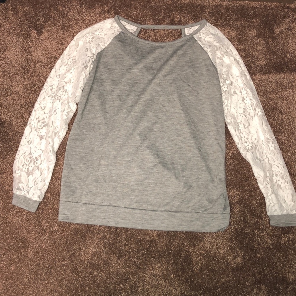 Gray top with lace sleeves